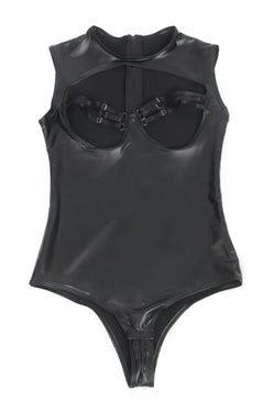 Black Sexy PU Leather Sleeveless Open Bust bodysuit
