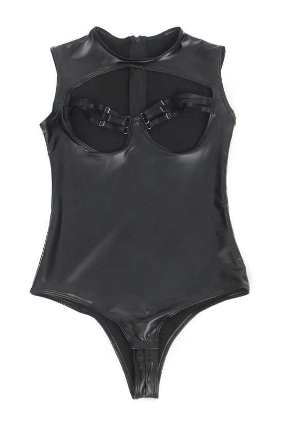 Black Sexy PU Leather Sleeveless Open Bust bodysuit