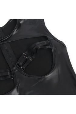 Black Sexy PU Leather Sleeveless Open Bust bodysuit