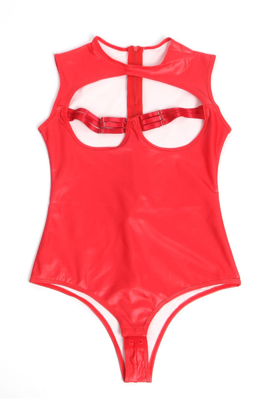 Red Sexy PU Leather Sleeveless Open Bust bodysuit