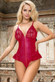 Red Sexy PU Leather Lace Zipper Bodysuit
