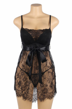 Black Eyelash Lace Sexy Push Up Suspenders Nightdress