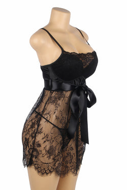 Black Eyelash Lace Sexy Push Up Suspenders Nightdress