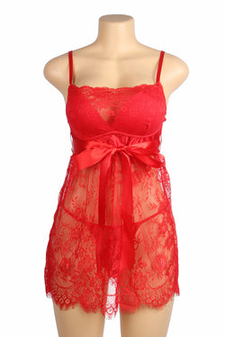 Red Eyelash Lace Sexy Push Up Suspenders Nightdress