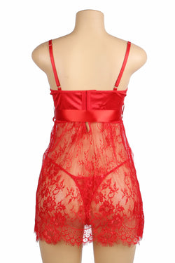 Red Eyelash Lace Sexy Push Up Suspenders Nightdress