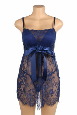 Blue Eyelash Lace Sexy Push Up Suspenders Nightdress