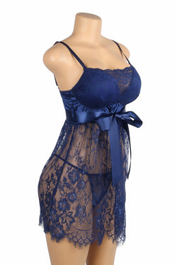 Blue Eyelash Lace Sexy Push Up Suspenders Nightdress
