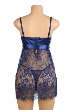 Blue Eyelash Lace Sexy Push Up Suspenders Nightdress