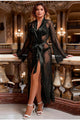 Chemise de nuit longue en maille satinée sexy en dentelle noire avec ceinture