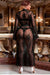 Chemise de nuit longue en maille satinée sexy en dentelle noire avec ceinture