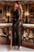 Chemise de nuit longue en maille satinée sexy en dentelle noire avec ceinture