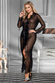 Black Sexy Mesh Eyelash Lace Long Nightgown with Belt