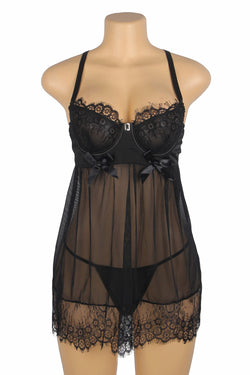 Black Sexy Eyelash Lace Mesh Cross Straps Push Up Nightdress