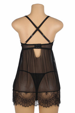 Black Sexy Eyelash Lace Mesh Cross Straps Push Up Nightdress