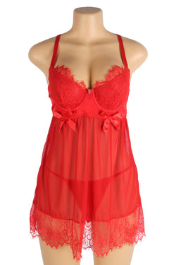 Red Sexy Eyelash Lace Mesh Cross Straps Push Up Nightdress
