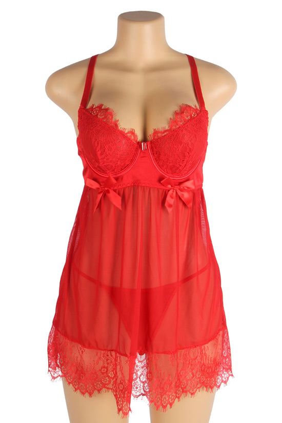 Red Sexy Eyelash Lace Mesh Cross Straps Push Up Nightdress