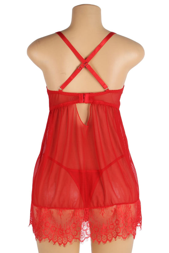 Red Sexy Eyelash Lace Mesh Cross Straps Push Up Nightdress
