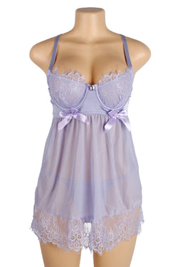 Purple Sexy Eyelash Lace Mesh Cross Straps Push Up Nightdress