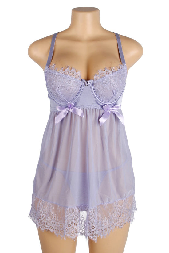 Purple Sexy Eyelash Lace Mesh Cross Straps Push Up Nightdress