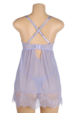 Purple Sexy Eyelash Lace Mesh Cross Straps Push Up Nightdress