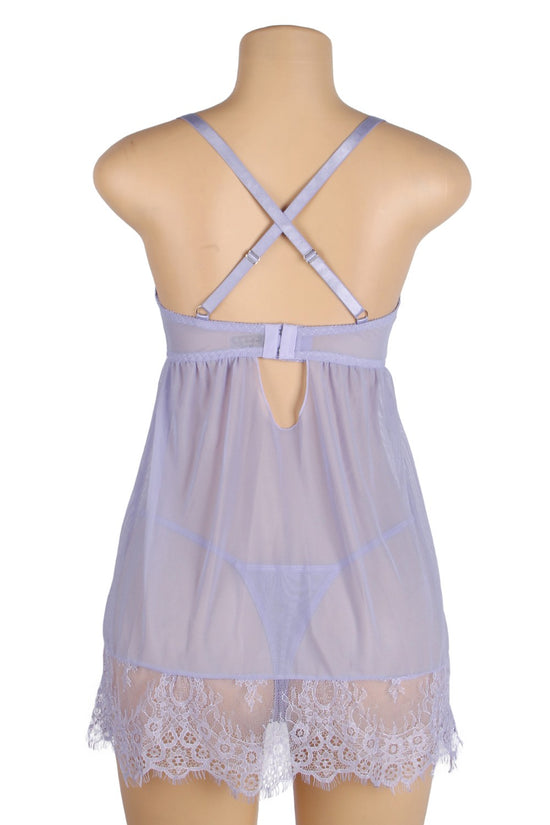 Purple Sexy Eyelash Lace Mesh Cross Straps Push Up Nightdress