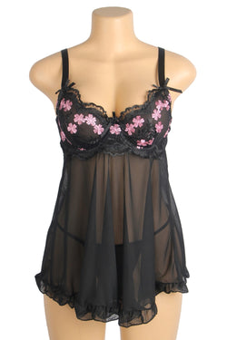 Black Sexy Mesh Embroidery Lace Lift Bra Suspender Nightdress