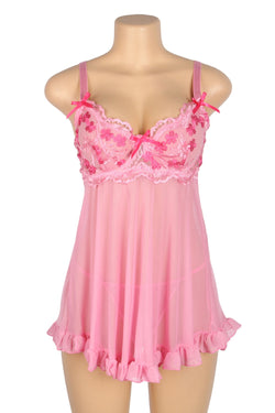 Pink Sexy Mesh Embroidery Lace Lift Bra Suspender Nightdress