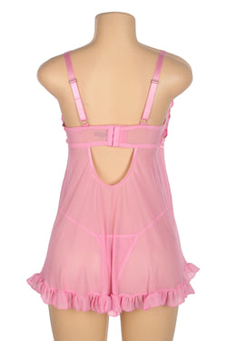 Pink Sexy Mesh Embroidery Lace Lift Bra Suspender Nightdress