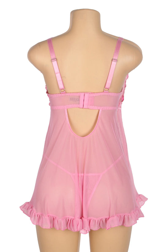 Pink Sexy Mesh Embroidery Lace Lift Bra Suspender Nightdress