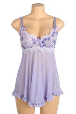Purple Sexy Mesh Embroidery Lace Lift Bra Suspender Nightdress