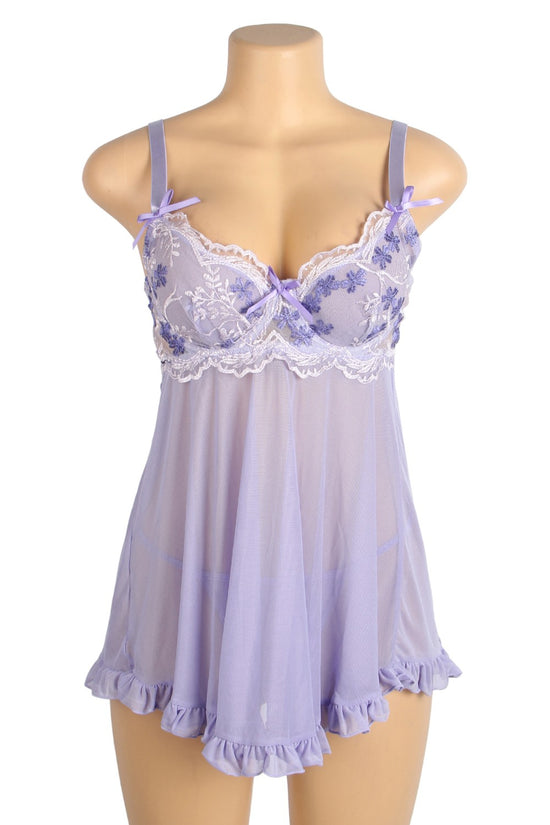 Purple Sexy Mesh Embroidery Lace Lift Bra Suspender Nightdress
