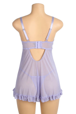 Purple Sexy Mesh Embroidery Lace Lift Bra Suspender Nightdress