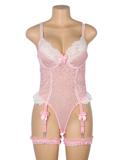 Pink Sexy Lace Bow Crotchless Garter Bodysuit