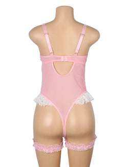 Pink Sexy Lace Bow Crotchless Garter Bodysuit
