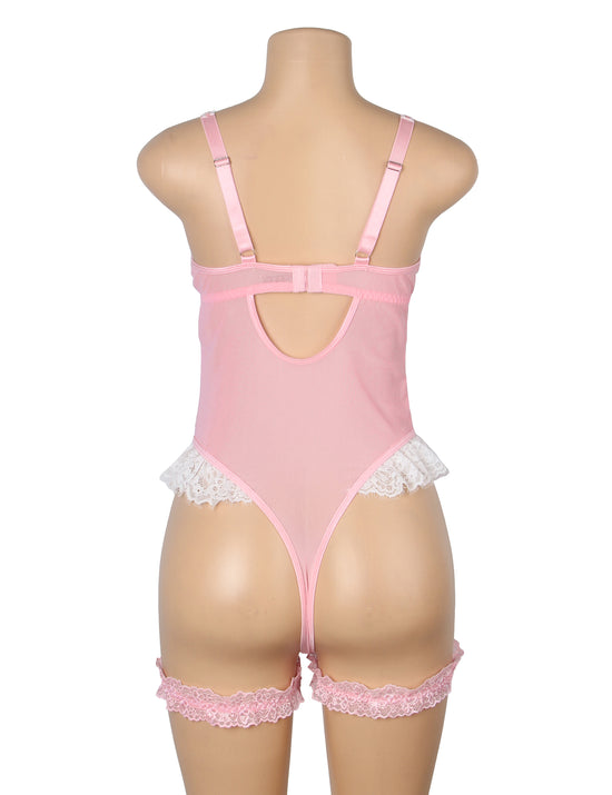 Pink Sexy Lace Bow Crotchless Garter Bodysuit