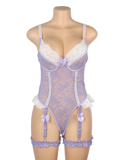 Purple Sexy Lace Bow Crotchless Garter Bodysuit