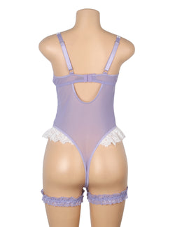 Purple Sexy Lace Bow Crotchless Garter Bodysuit