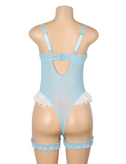 Cyan Sexy Lace Bow Crotchless Garter Bodysuit