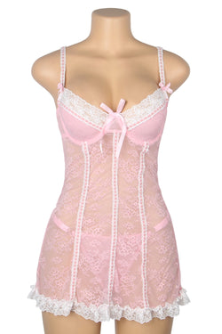 Pink Sexy Lace Ruffled Suspender Nightdress