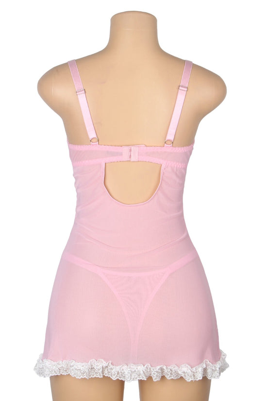 Pink Sexy Lace Ruffled Suspender Nightdress