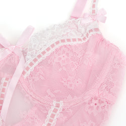 Pink Sexy Lace Ruffled Suspender Nightdress