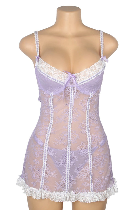 Purple Sexy Lace Ruffled Suspender Nightdress