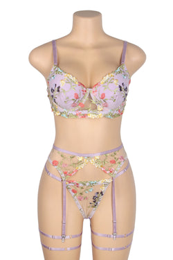 Purple Sexy Mesh Embroidery Floral Lace Bra Set with Garter Leg Rings