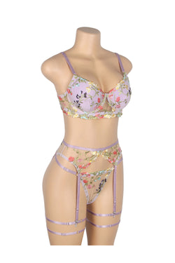 Purple Sexy Mesh Embroidery Floral Lace Bra Set with Garter Leg Rings