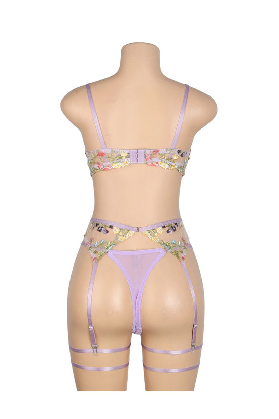 Purple Sexy Mesh Embroidery Floral Lace Bra Set with Garter Leg Rings