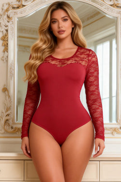 Red wine Sexy Swim Cloth Lace Long Sleeves Open Crotch Bodysuit
