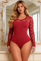 Red wine Sexy Swim Cloth Lace Long Sleeves Open Crotch Bodysuit