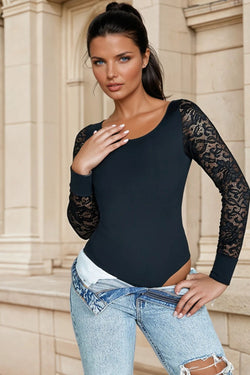 Black or white Sexy Swim Cloth Lace Sleeves Round Neck Open Crotch Bodysuit