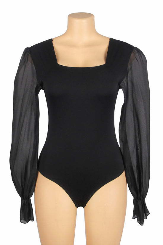 Black Sexy Swim Cloth Chiffon Puff Sleeves Square Neck Open Crotch Bodysuit