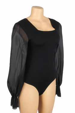 Black Sexy Swim Cloth Chiffon Puff Sleeves Square Neck Open Crotch Bodysuit